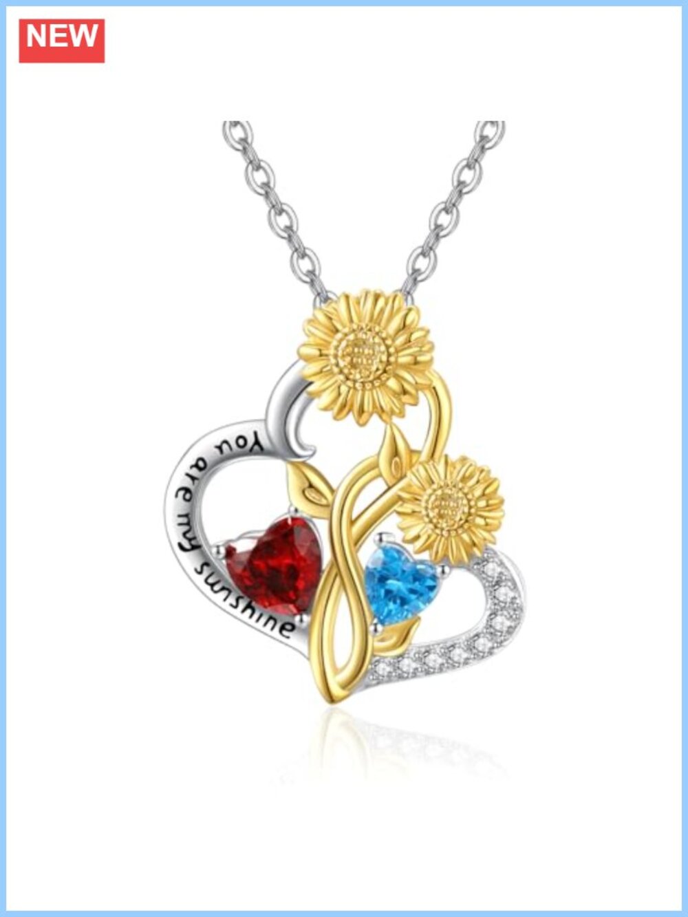 Dainty Sterling Silver Sunflower Heart Necklace Double Birthstone Pendant